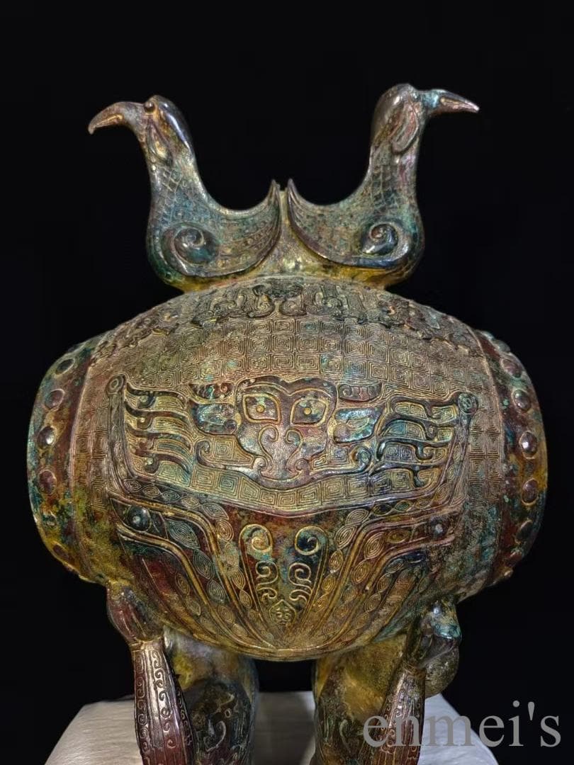 中国古美術 漢代 青銅器 跪人双鳥鼓 古代楽器 打楽器 禮楽器 青銅美術 骨董品