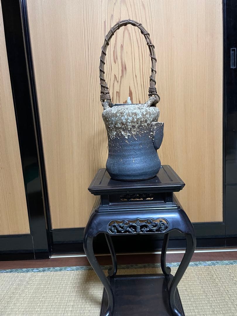 古道具 陶器製 吊り下げ灯り / 花器 オブジェ 民藝 焼き物 籐持ち手