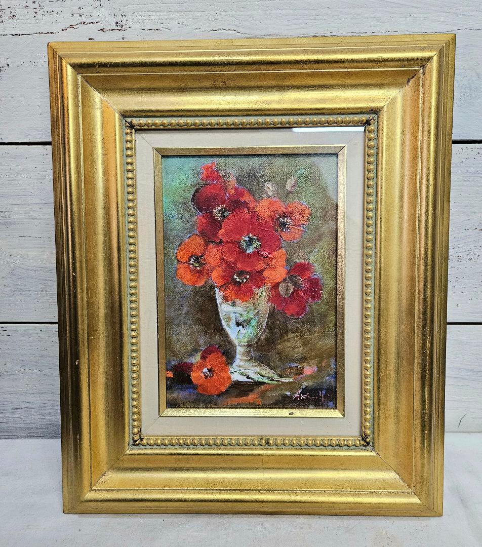 真作 山本亜稀 作 油彩「グラスの赤い花」油絵 絵画 額装 花