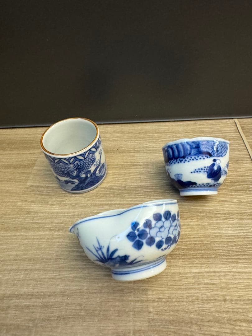 1524 染付青花　湯冷し1  蓋置1  湯呑1