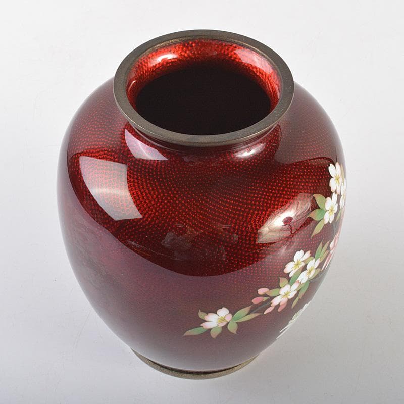 七宝焼　安藤七宝　赤透　花文　花瓶　C　6293