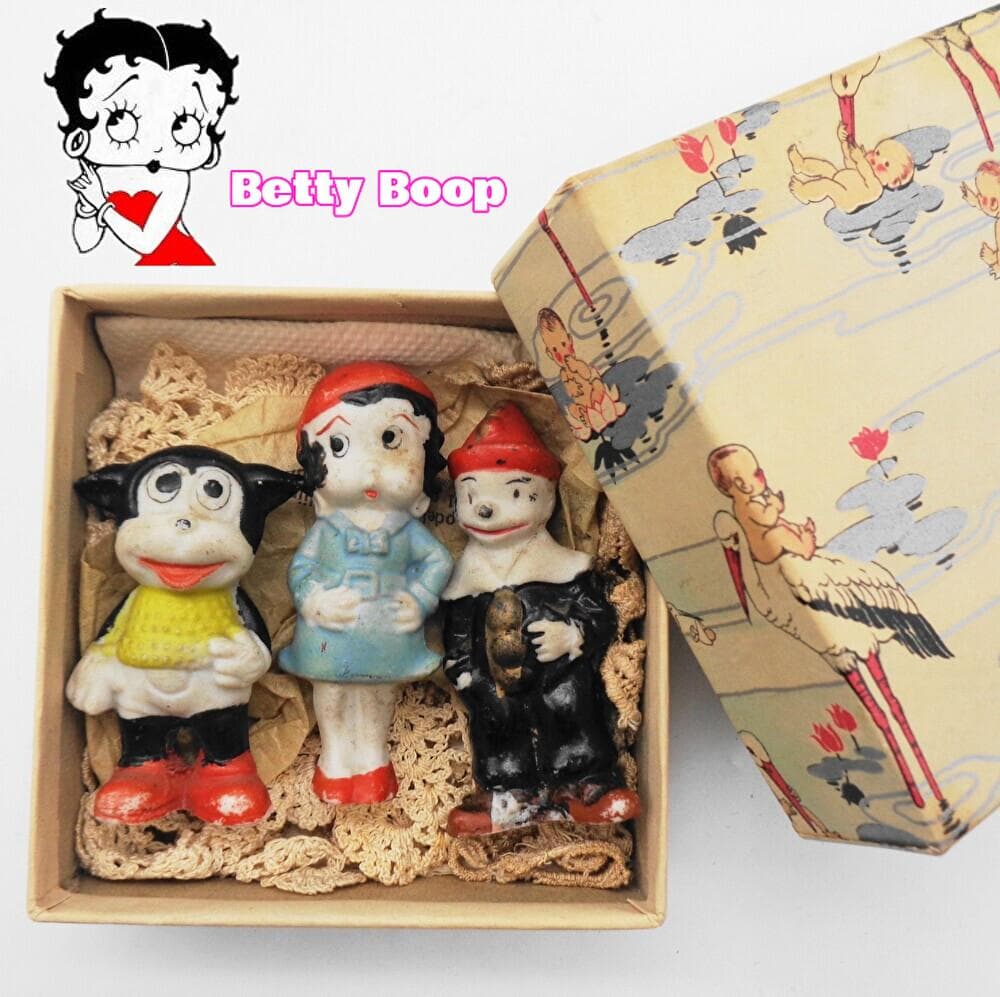 〖戦前Betty Boop〗ベティちゃん、道化師ココ、犬のビンボー陶磁器人形