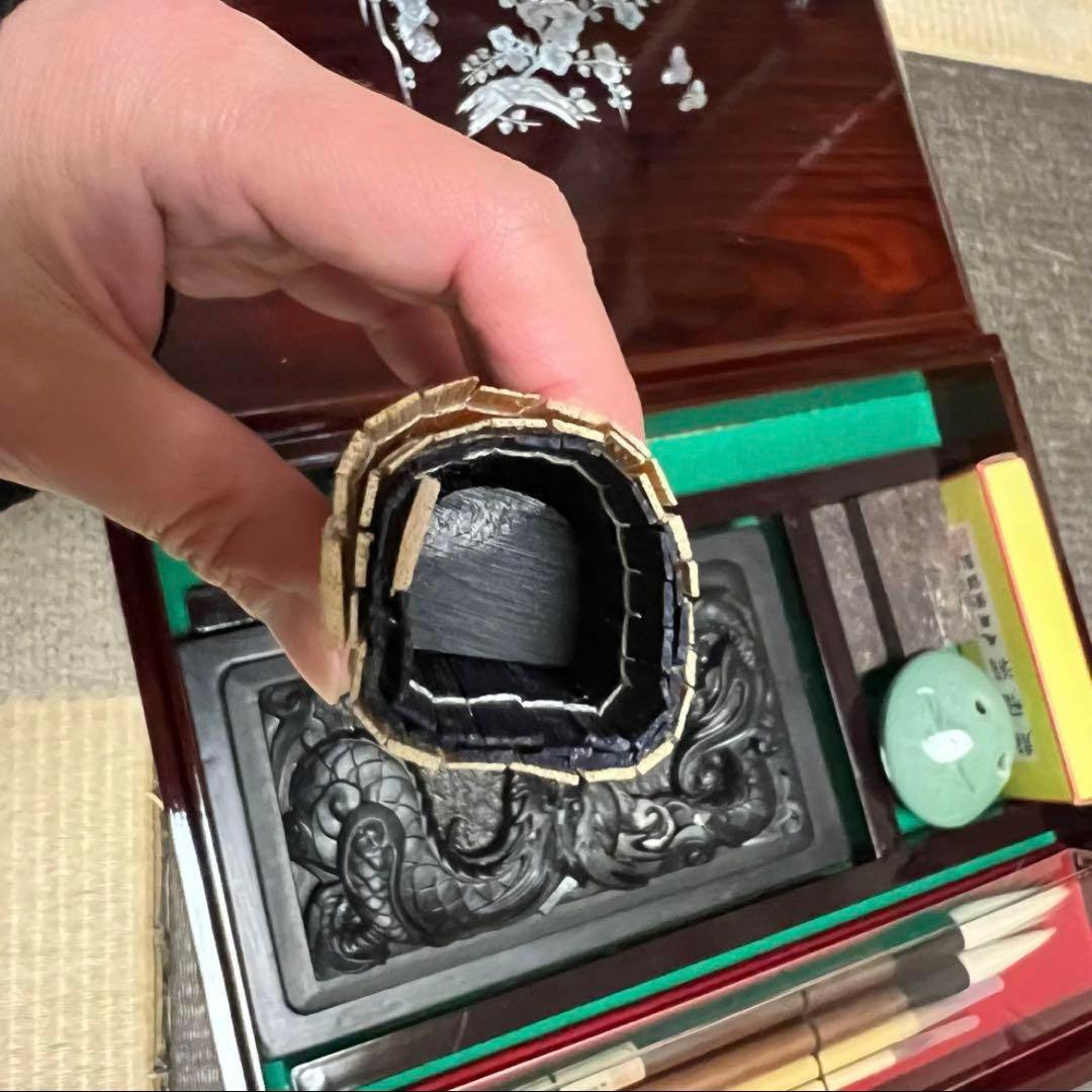 新品未使用 中国 書道具 成甫堂 青磁 上海 書道筆 中国筆 龍彫刻硯 水差し