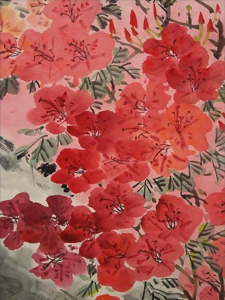 掛軸 胡健華『開遍群山 花鳥図』中国画 紙本 肉筆 掛け軸 p08299