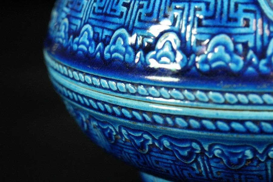 中国美術 青釉 刻模様 蓋物 φ14.5cm 乾隆年製(K-LC193)