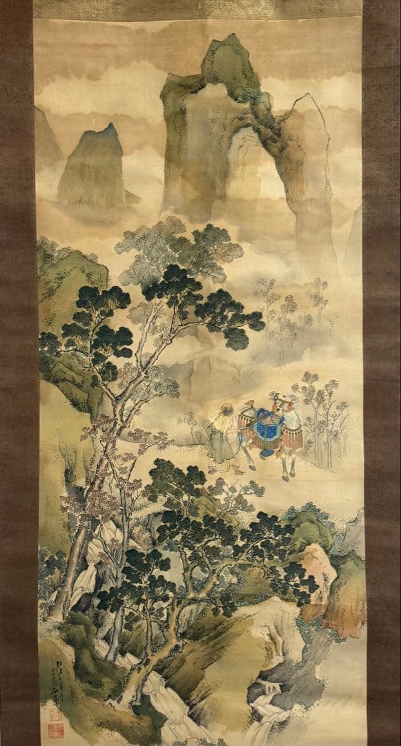 高田竹山筆　檀特山之圖　青緑法　掛軸　共箱　送料込み250902