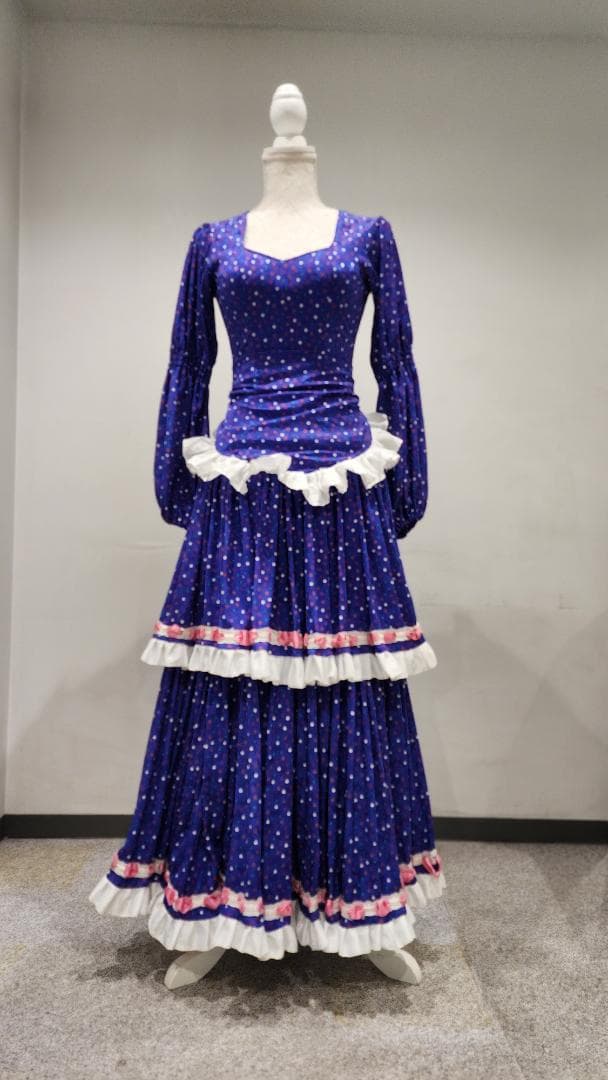 フラメンコドレス 青色 カラフル水玉　シージョ付き（中古）