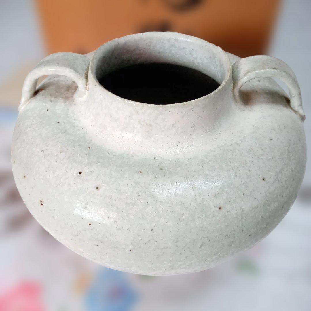 白釉耳付き花瓶 骨董 作家物 生け花 共箱入り
