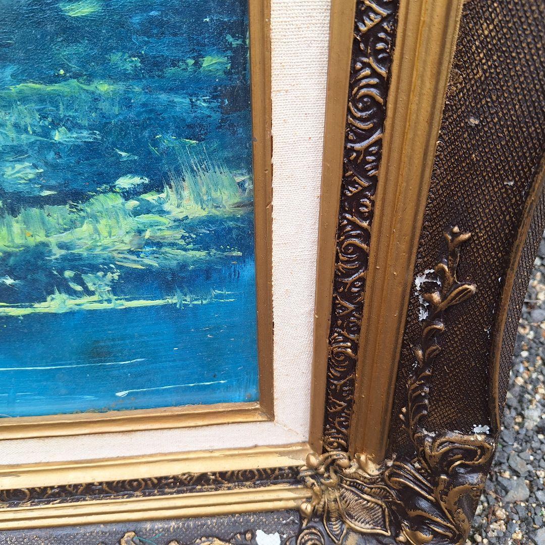 絵画　油絵　120cm×80cm　ヴィンテージ　レトロ　額　山、川のほとり