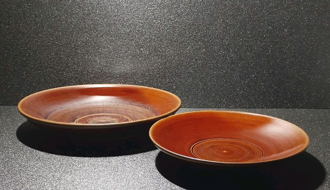 大樋焼　十一代大樋長左衛門　大樋年雄銘　飴釉　菓子皿　大小2客　共箱　茶道具