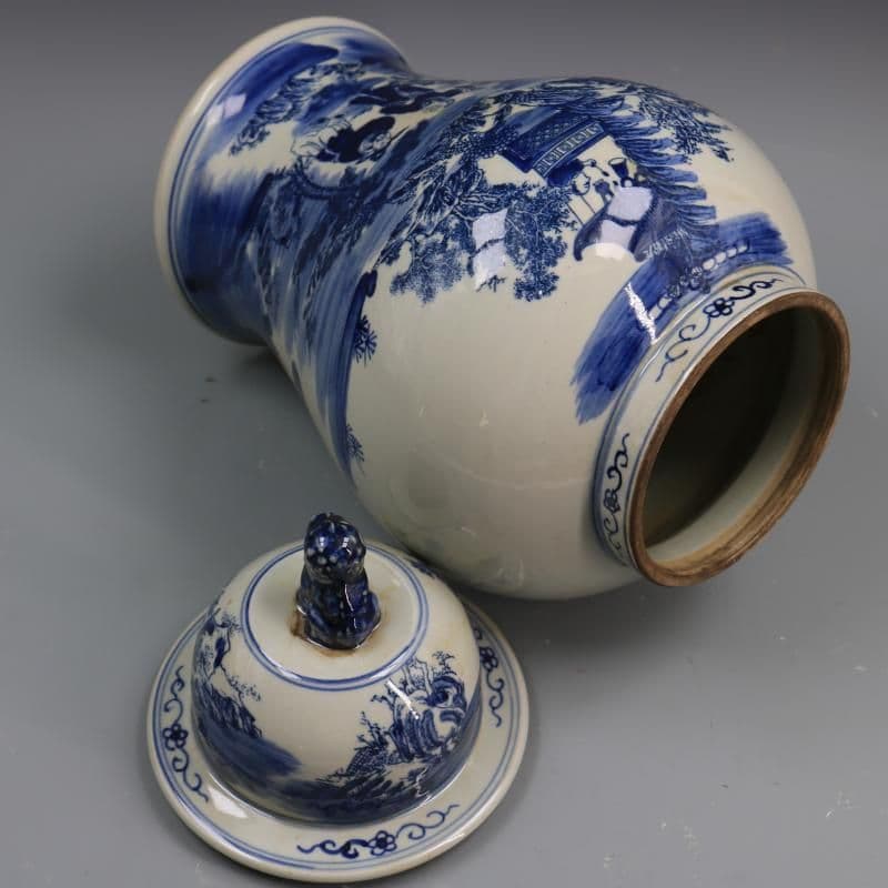 清康熙鯖山水人物獅子頭将軍缶 景徳鎮 陶磁器 装飾品 現代工芸品 美術品 置物