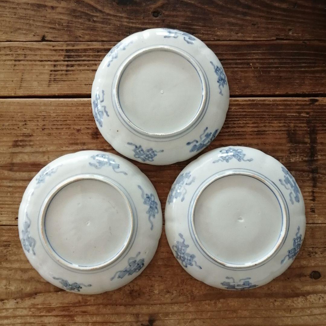 古伊万里　色絵　ふくら雀と鳳凰　輪花縁　七寸皿　３客