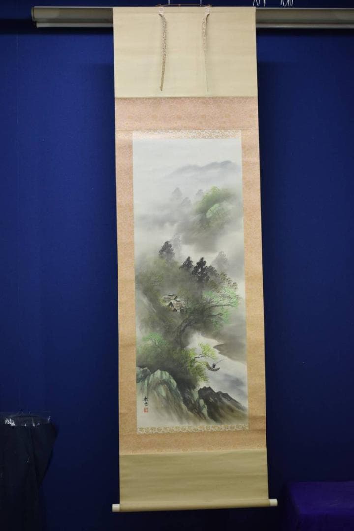 真作/松雲/彩色山水漁夫図/布袋屋掛軸HE-444