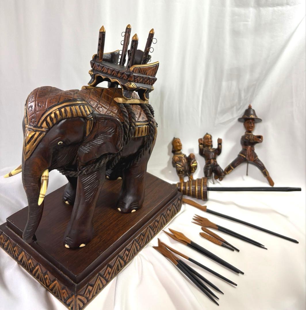 【木彫】タイ製ヴィンテージ　戦士と象