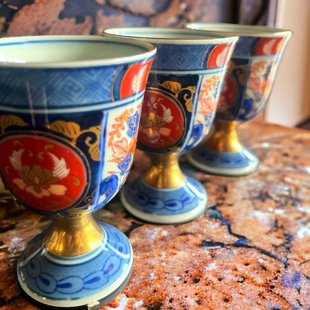 【美品】アンティーク 骨董 古伊万里 猪口 色絵付け／3客 カラフル 花