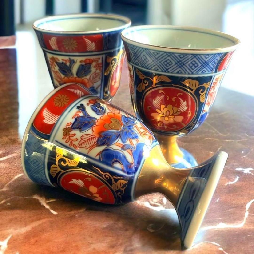 【美品】アンティーク 骨董 古伊万里 猪口 色絵付け／3客 カラフル 花