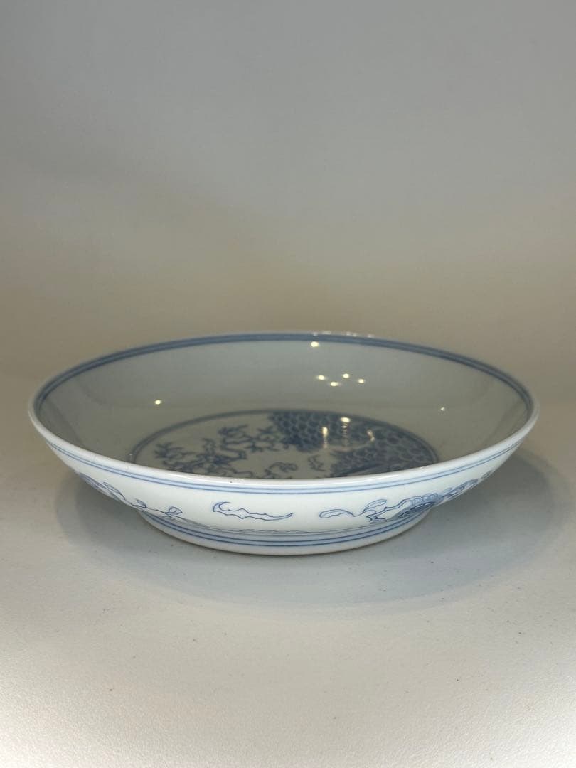 中国 大清雍正年製 青花染付 山水図 皿 背面寿字文 古陶磁 骨董品