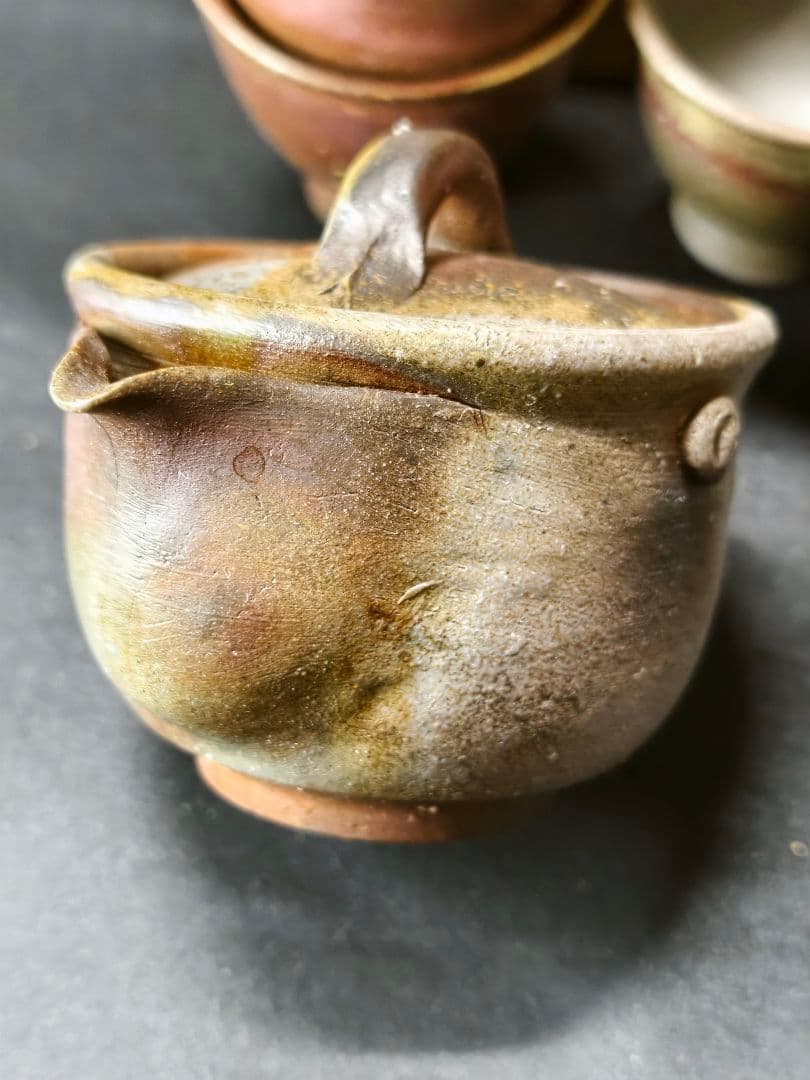煎茶道具 備前焼窯変宝瓶急須 湯冷まし 湯呑み 共箱 東山作 火襷 胡麻 未使用