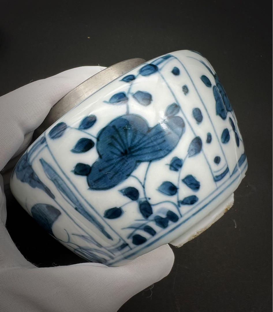 中国美術 古玩 青華染付 花鳥蝶々茶入 茶葉罐　煎茶道具 木箱付き