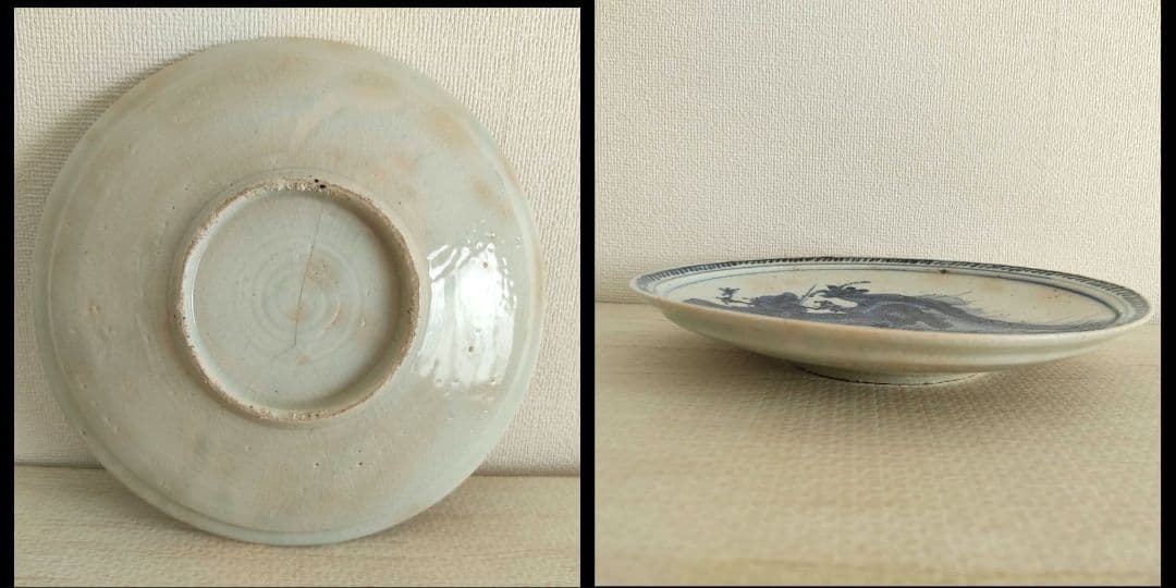 お値下げしました、初期伊万里　染付　蓬莱山　楼閣山水　滝文皿　箱付