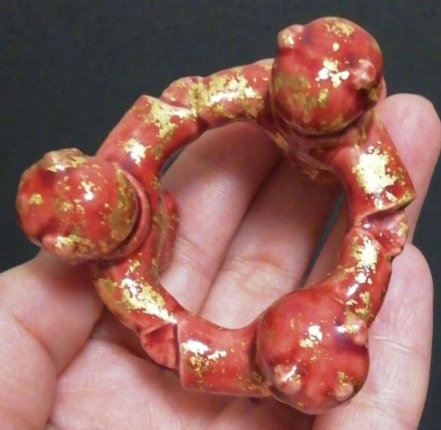 中村翠嵐作　交趾焼　三人形　蓋置　共箱　共布　略歴付　茶道具