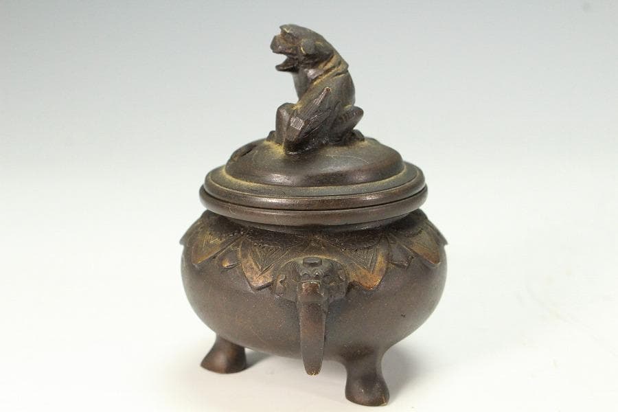 古銅 獅子蓋 小さな香炉 骨董品(K-YC474)