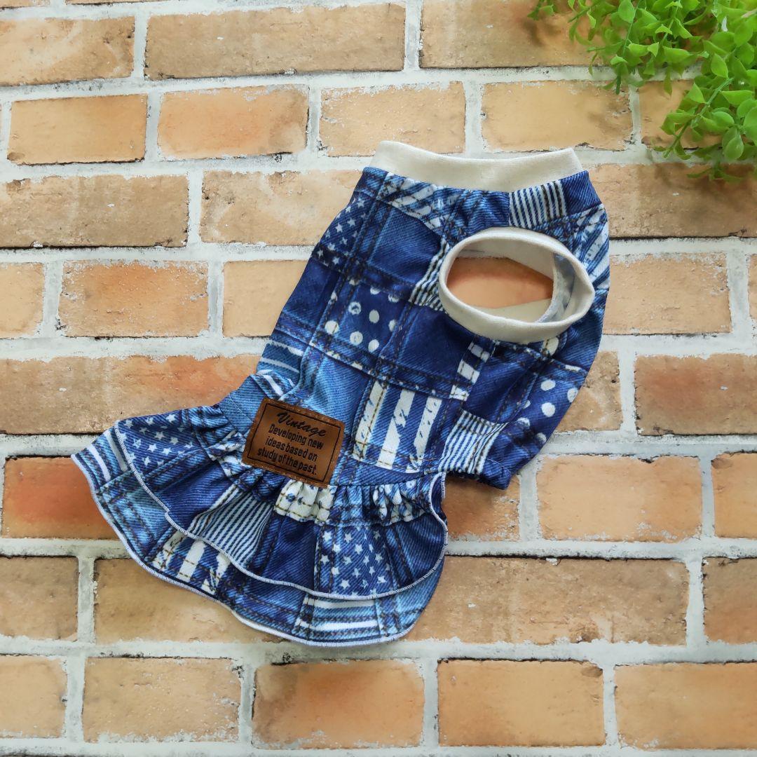 犬服 No.195 デニム風メッシュ夏のワンピース ハンドメイド