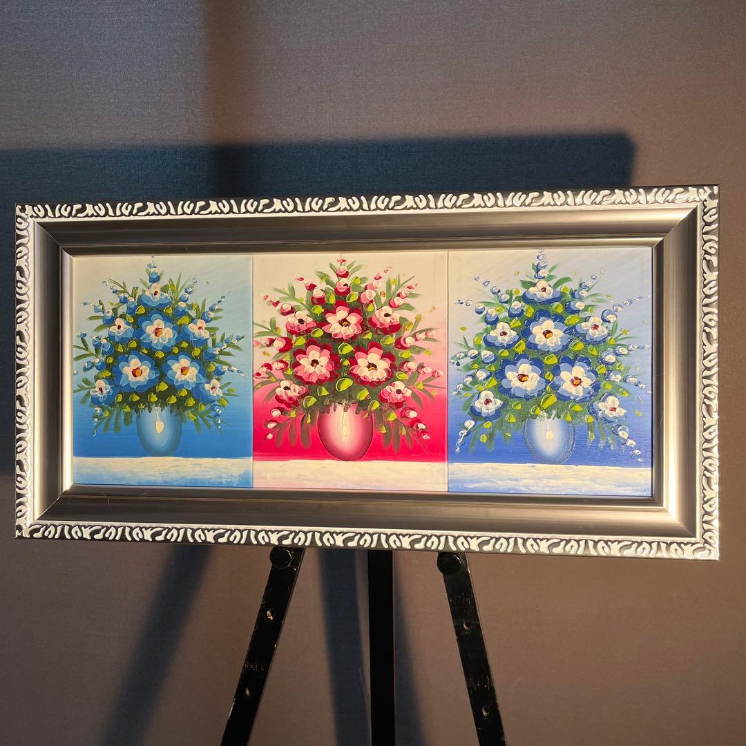 手書き油絵 ３枚組 花瓶の花 額付 額付き 絵画 インテリア 油彩画