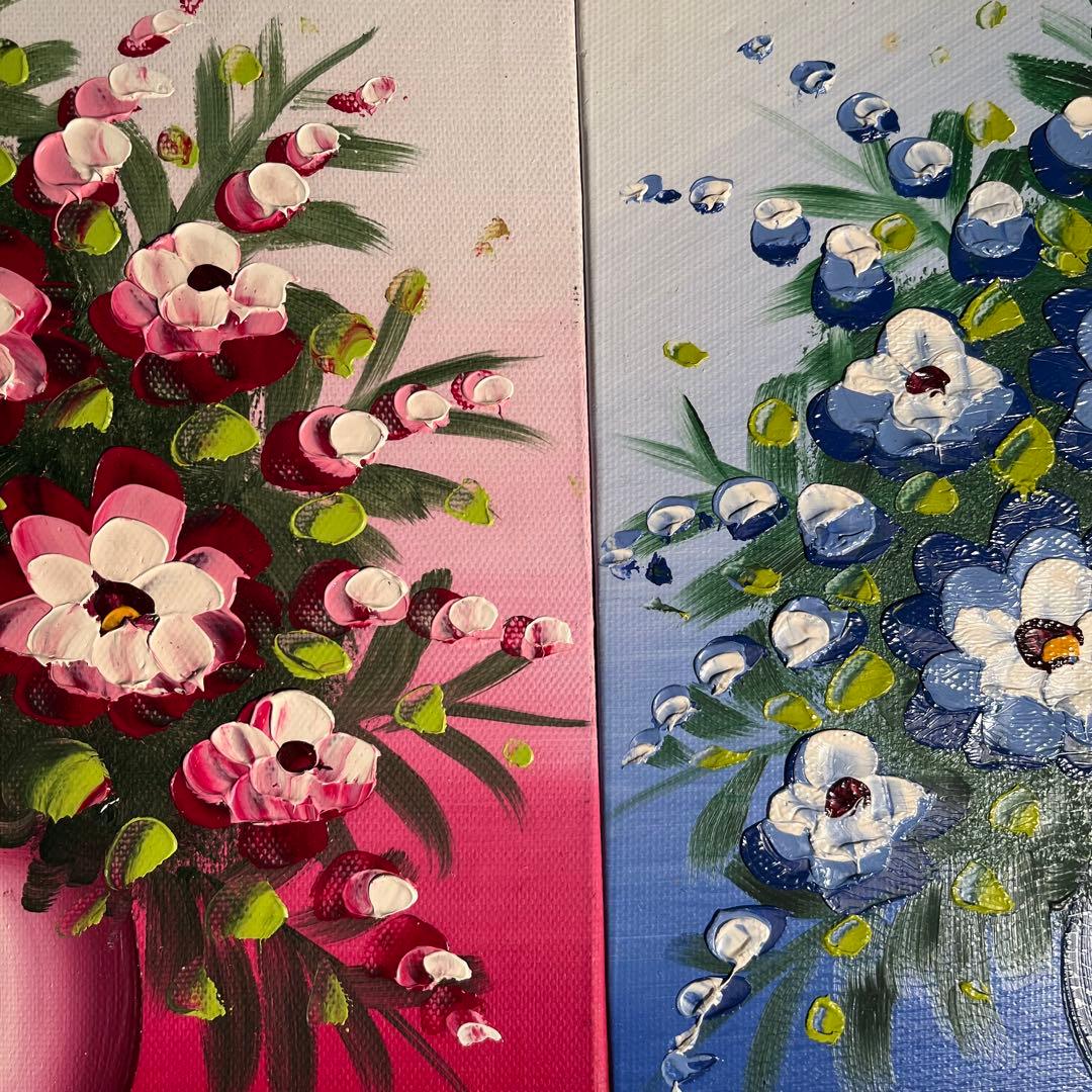 手書き油絵 ３枚組 花瓶の花 額付 額付き 絵画 インテリア 油彩画