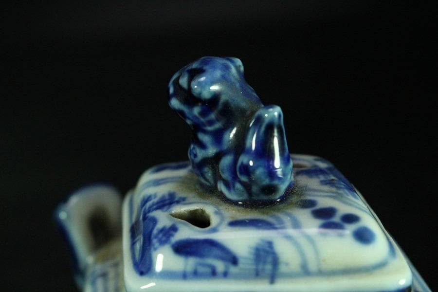 茶道具 青花 獅子蓋 香炉 道八 在銘 高8cm(K-XA787)