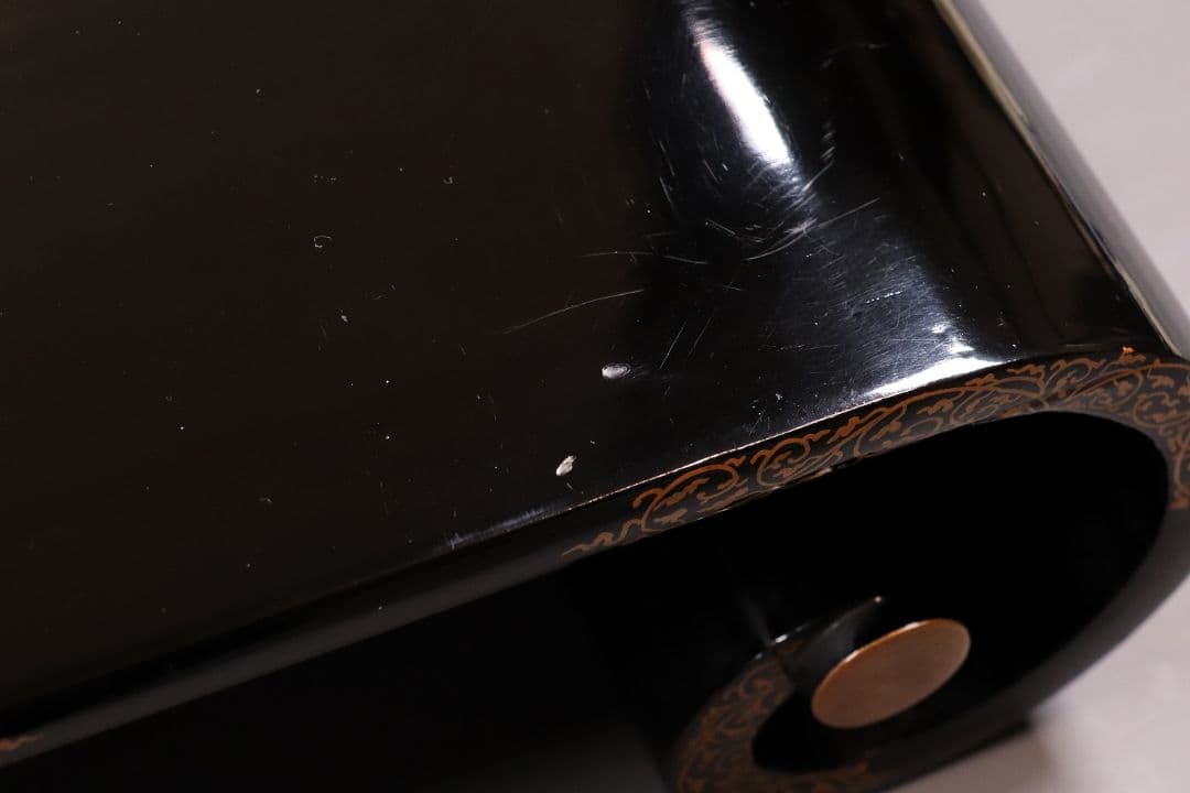 時代 桐蒔絵 黒塗 巻き足 平卓 花台 天然木 木箱入り 唐草【MA371】