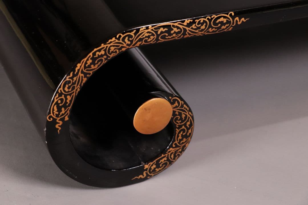 時代 桐蒔絵 黒塗 巻き足 平卓 花台 天然木 木箱入り 唐草【MA371】