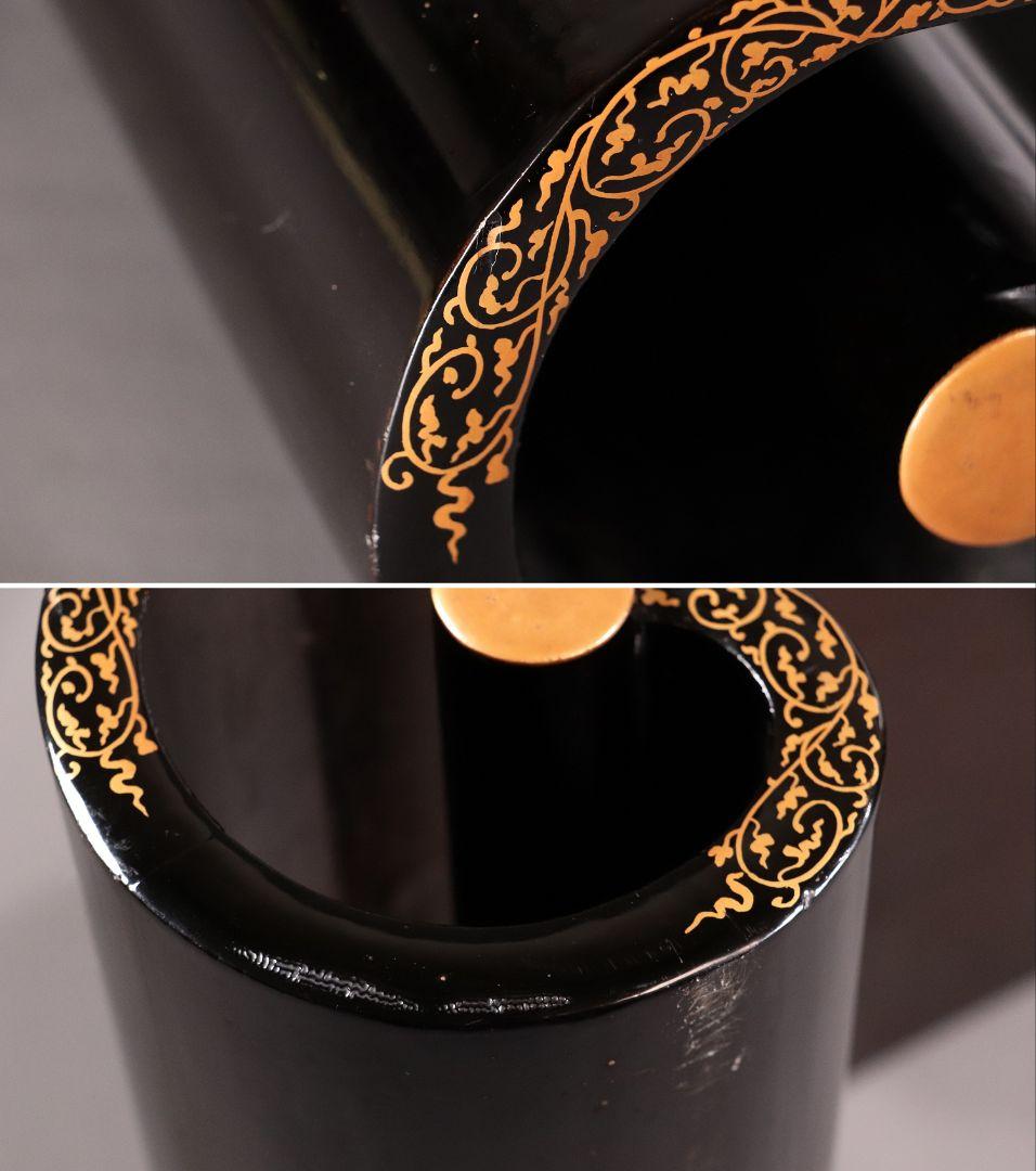 時代 桐蒔絵 黒塗 巻き足 平卓 花台 天然木 木箱入り 唐草【MA371】