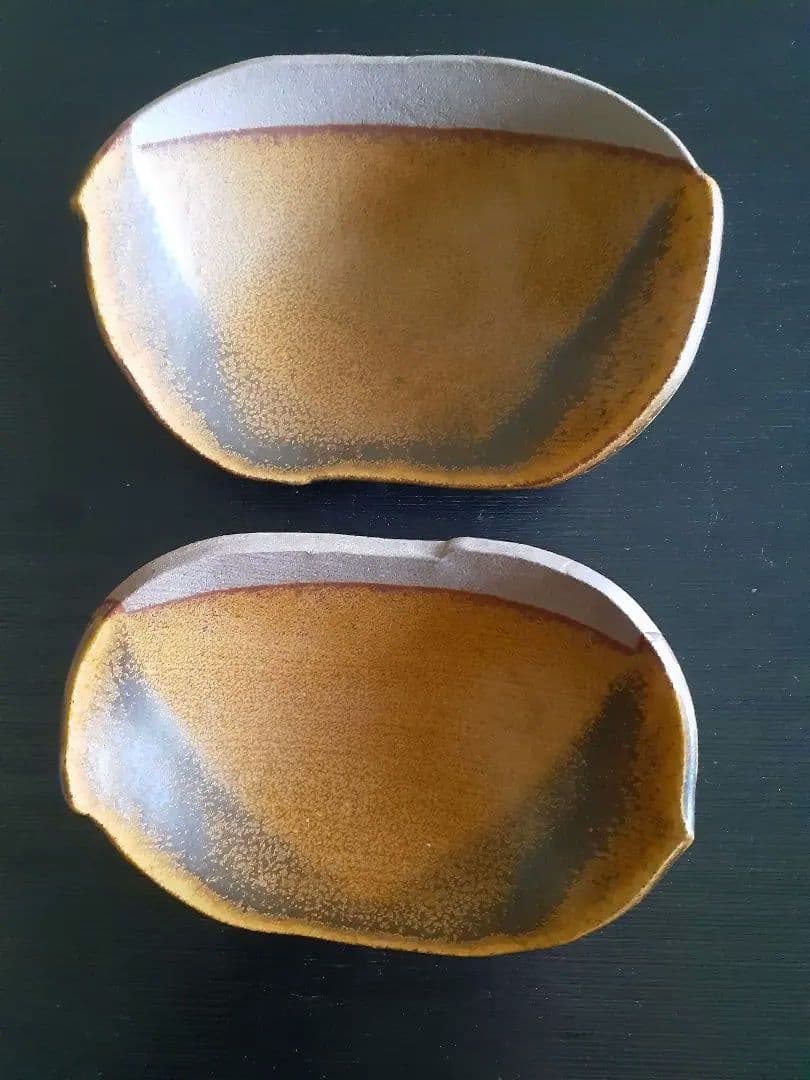 客家窯 清水 知秀作 陶器の楕円形皿 2点セット