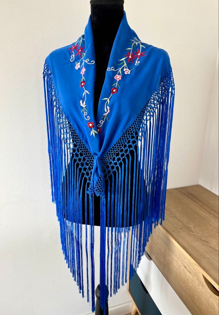 フラメンコ　刺繍シージョ　ロングフレコ　ロイヤルブルーxマルチカラー刺繍