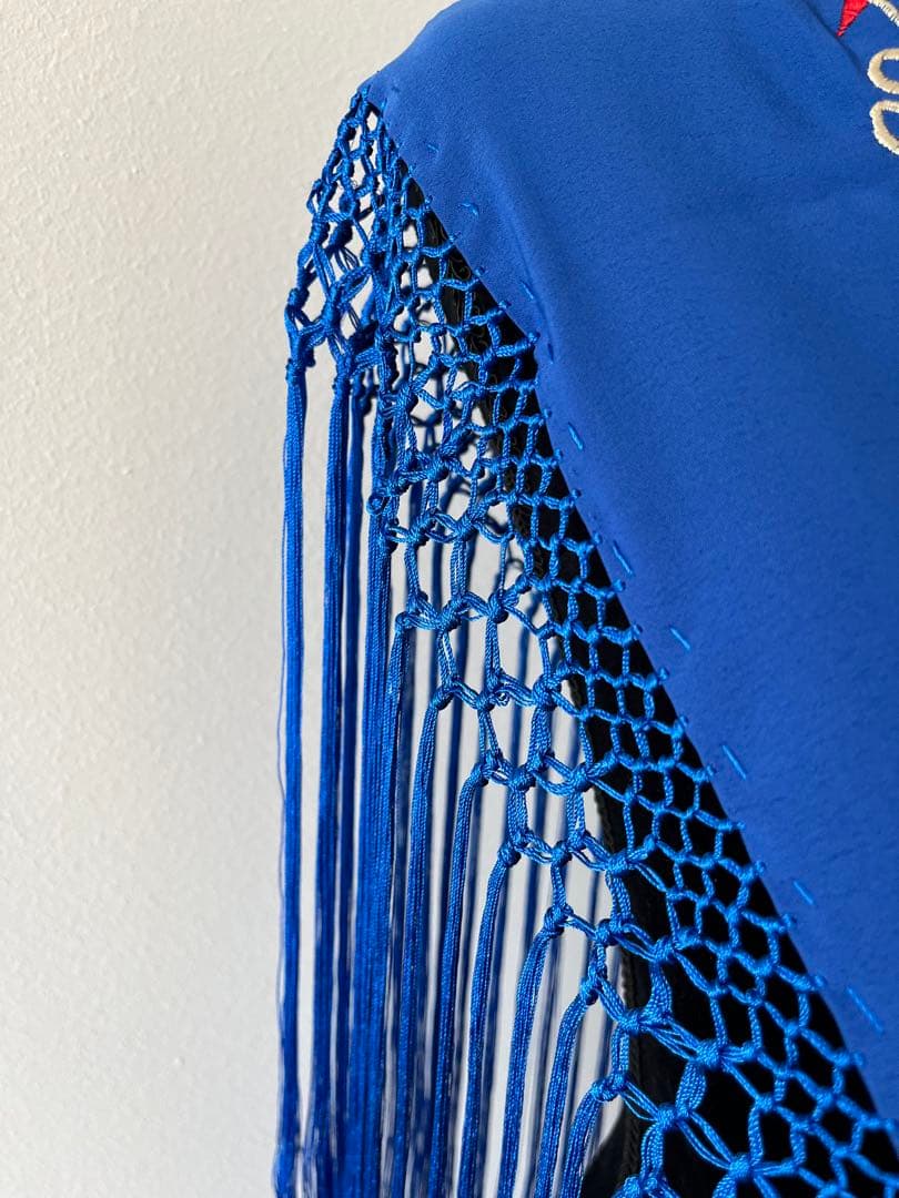 フラメンコ　刺繍シージョ　ロングフレコ　ロイヤルブルーxマルチカラー刺繍