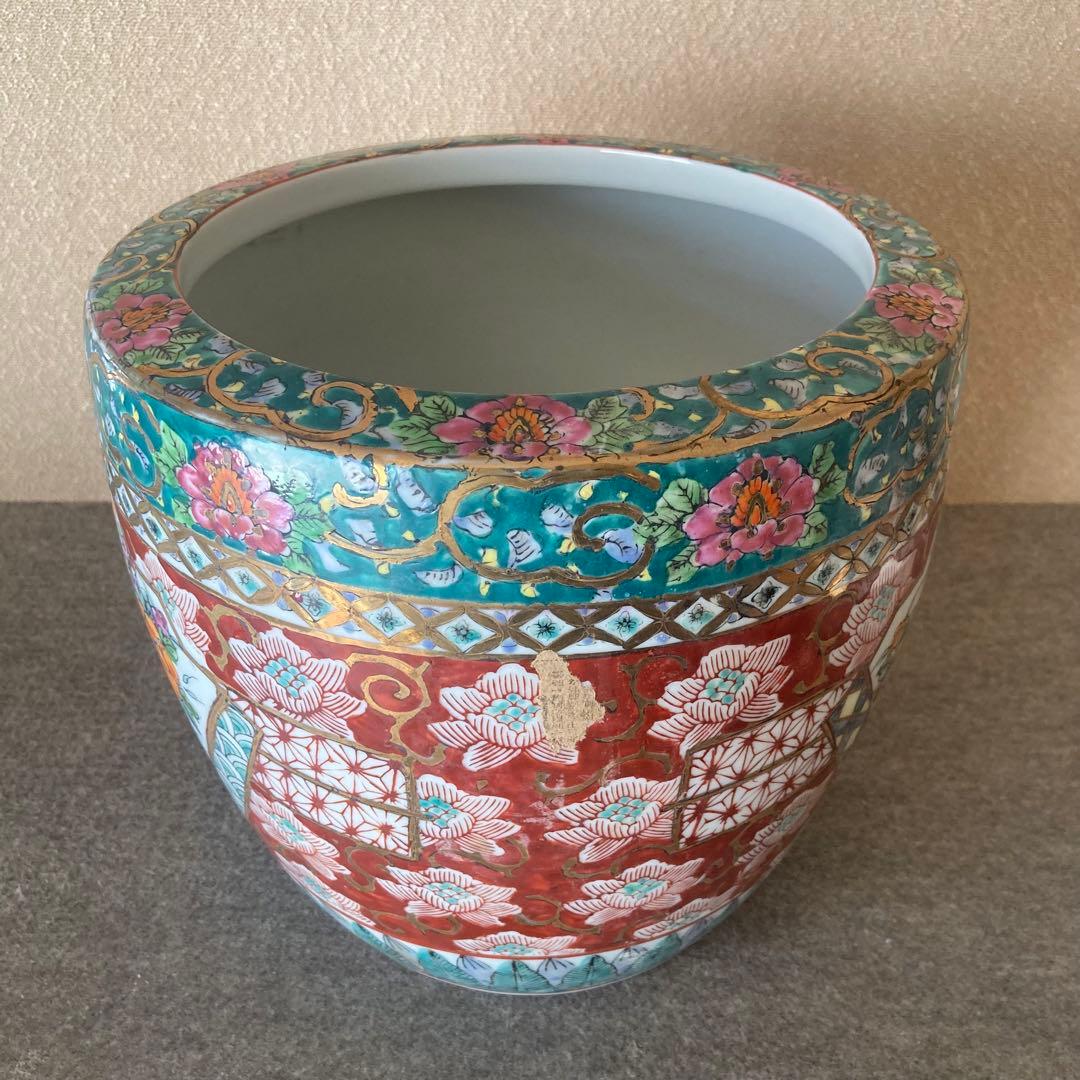 火鉢　カラフル　金彩　上絵　赤絵 手あぶり　装飾　手描き　九谷　メダカ鉢　金魚鉢