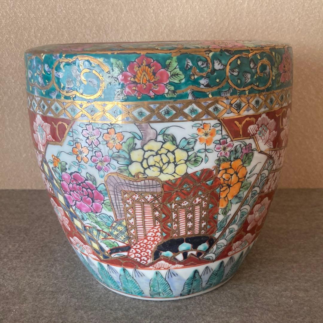 火鉢　カラフル　金彩　上絵　赤絵 手あぶり　装飾　手描き　九谷　メダカ鉢　金魚鉢