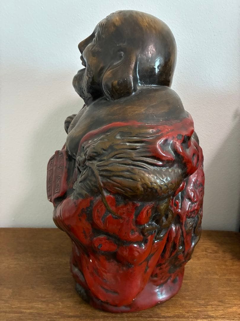 骨董 時代 布袋様 40㎝ 在銘 陶器 色彩 龍 置物 縁起物 招福 昭和