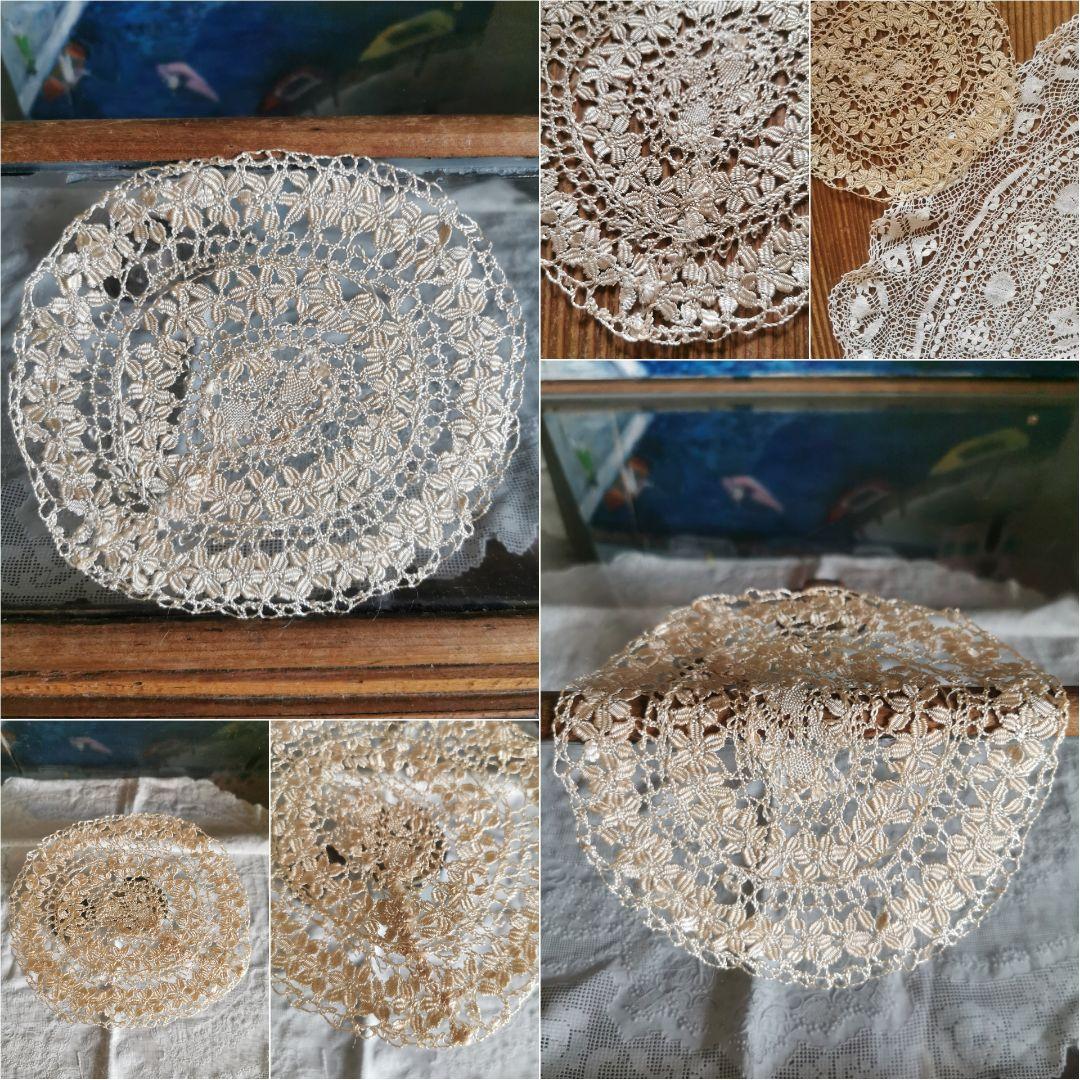 アンティークイタリア マルチーズレース 黄金色の絹糸ボビン編 ≒19㎝ドイリーδ