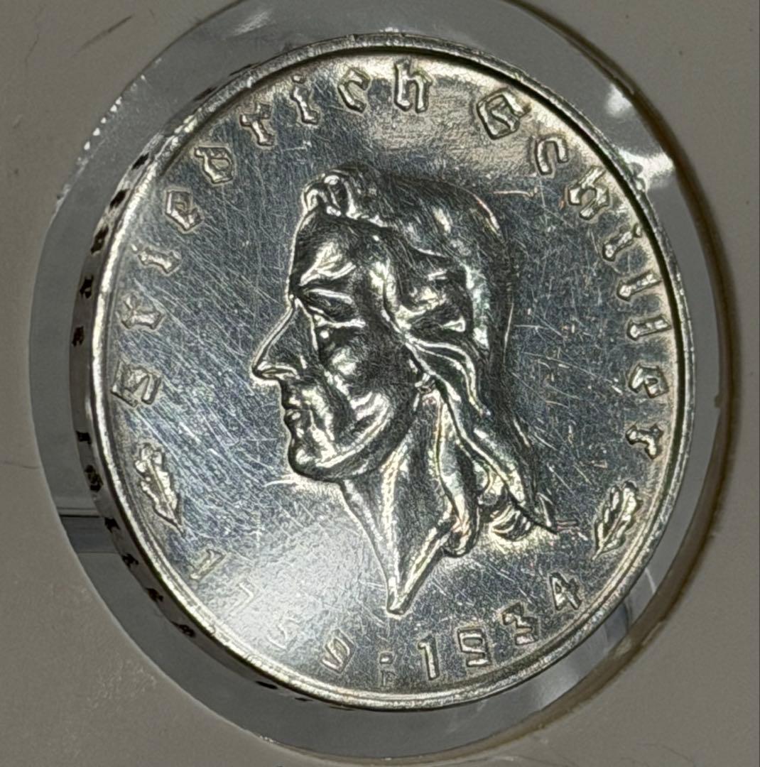 1934年ドイツ シラー生誕175周年記念2ライヒスマルク銀貨 極美❗️