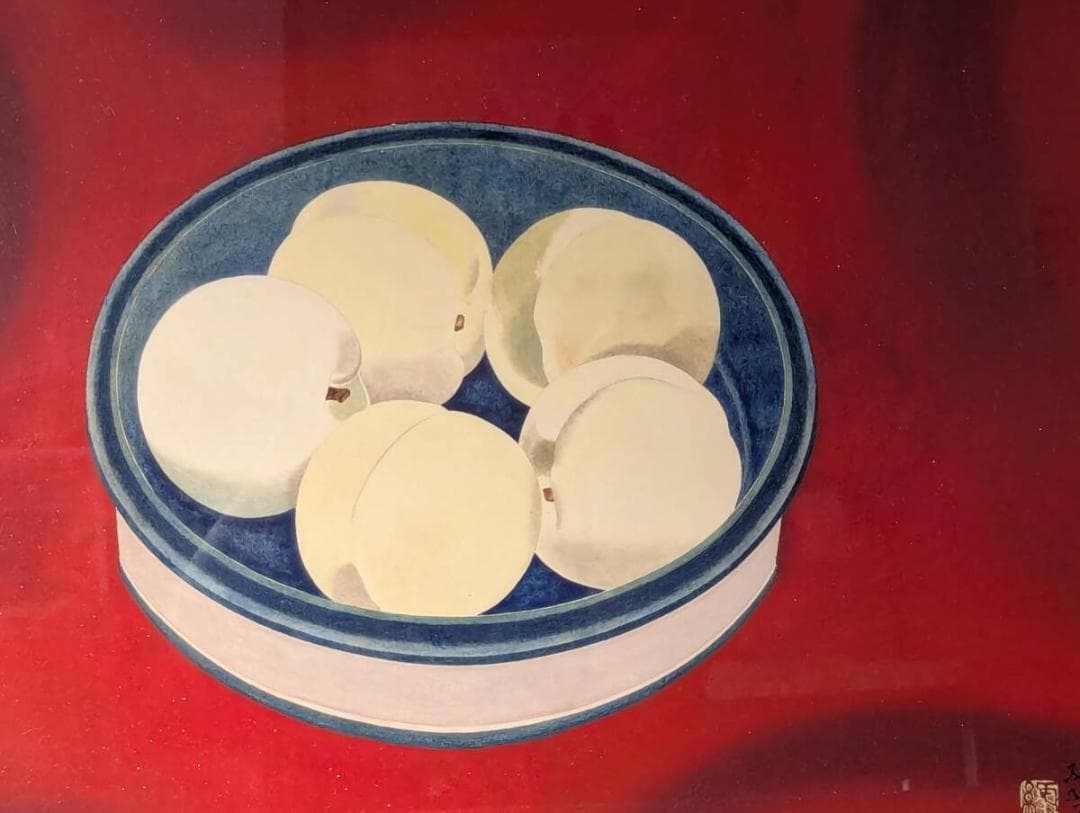 【真作】絵画　森緑翠　日本画10号　桃果　果実静物画　箱・黄袋入　Z17