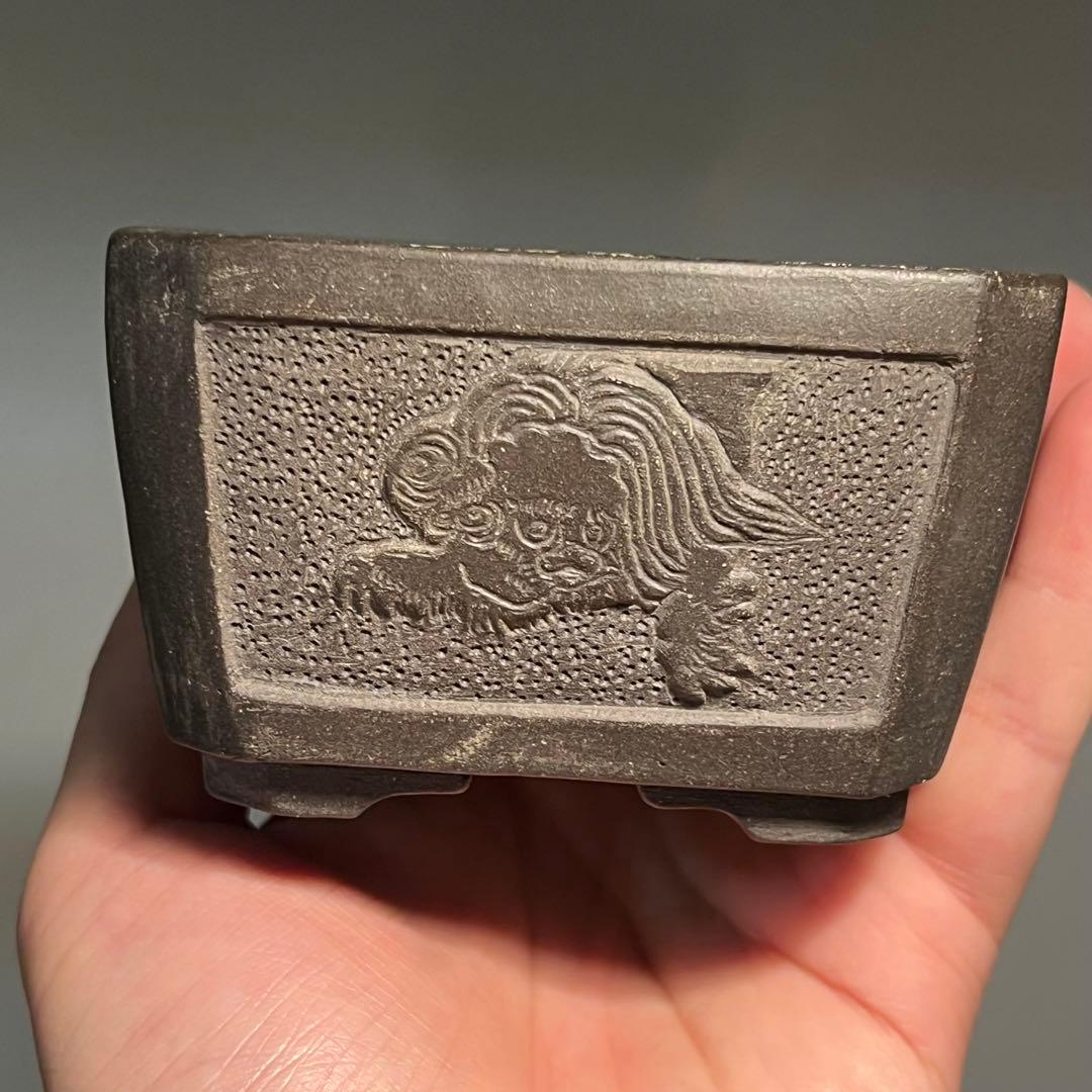 823.石心 灰泥彫刻唐獅子切角長方 盆栽鉢 植木鉢 10.7*9*5.5cm