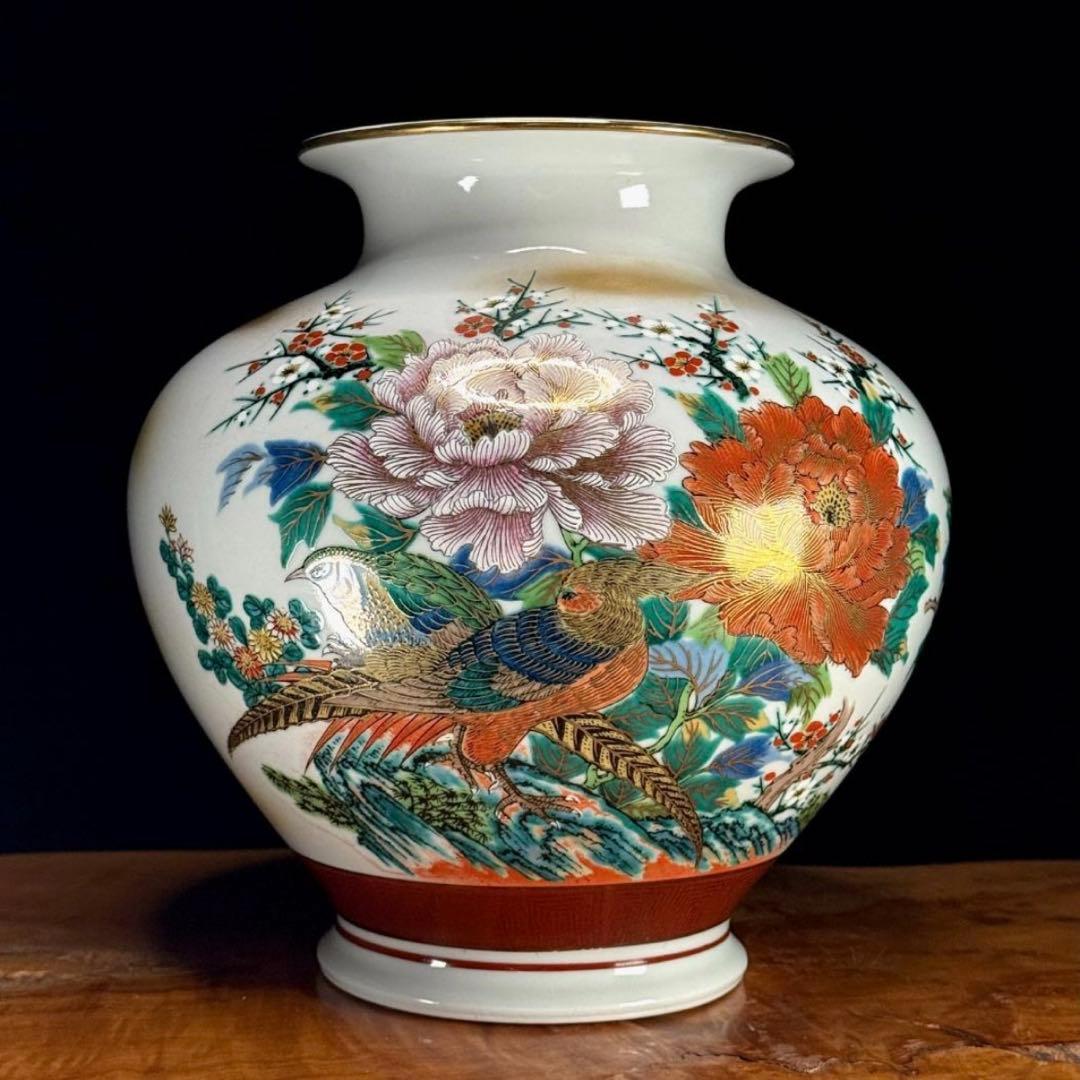 美品　九谷焼　陶勝造　金彩色絵花鳥図　花瓶　高さ26cm