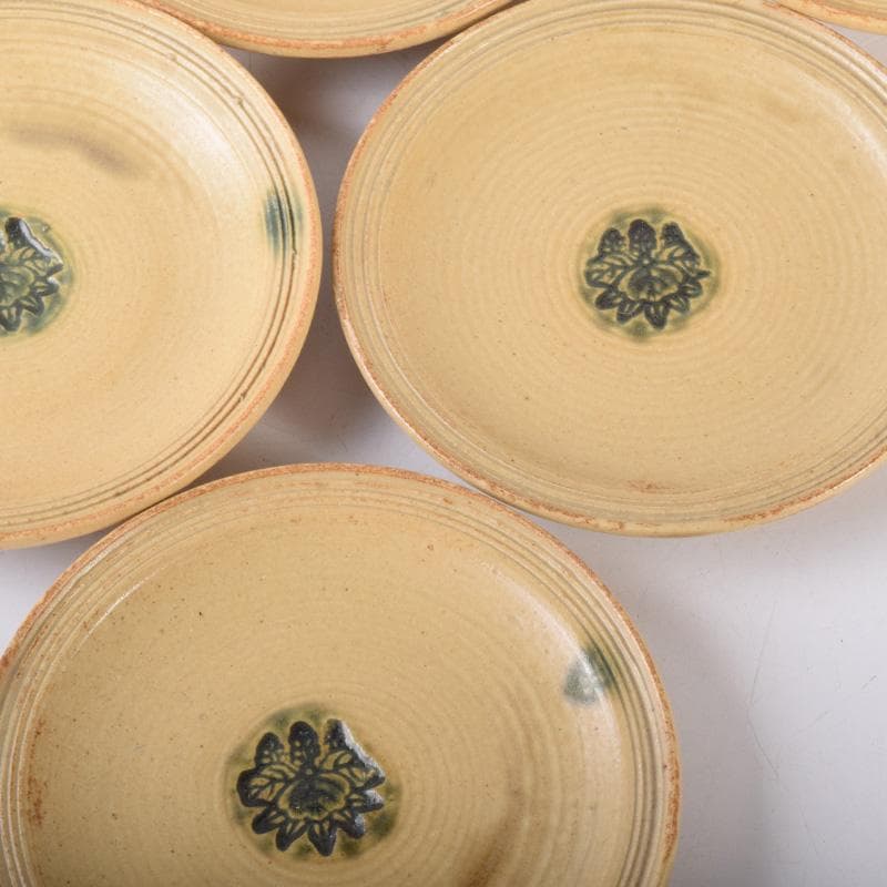 和食器　黄瀬戸　加藤春二作　桐文　銘々皿　六客　共箱　C　7435