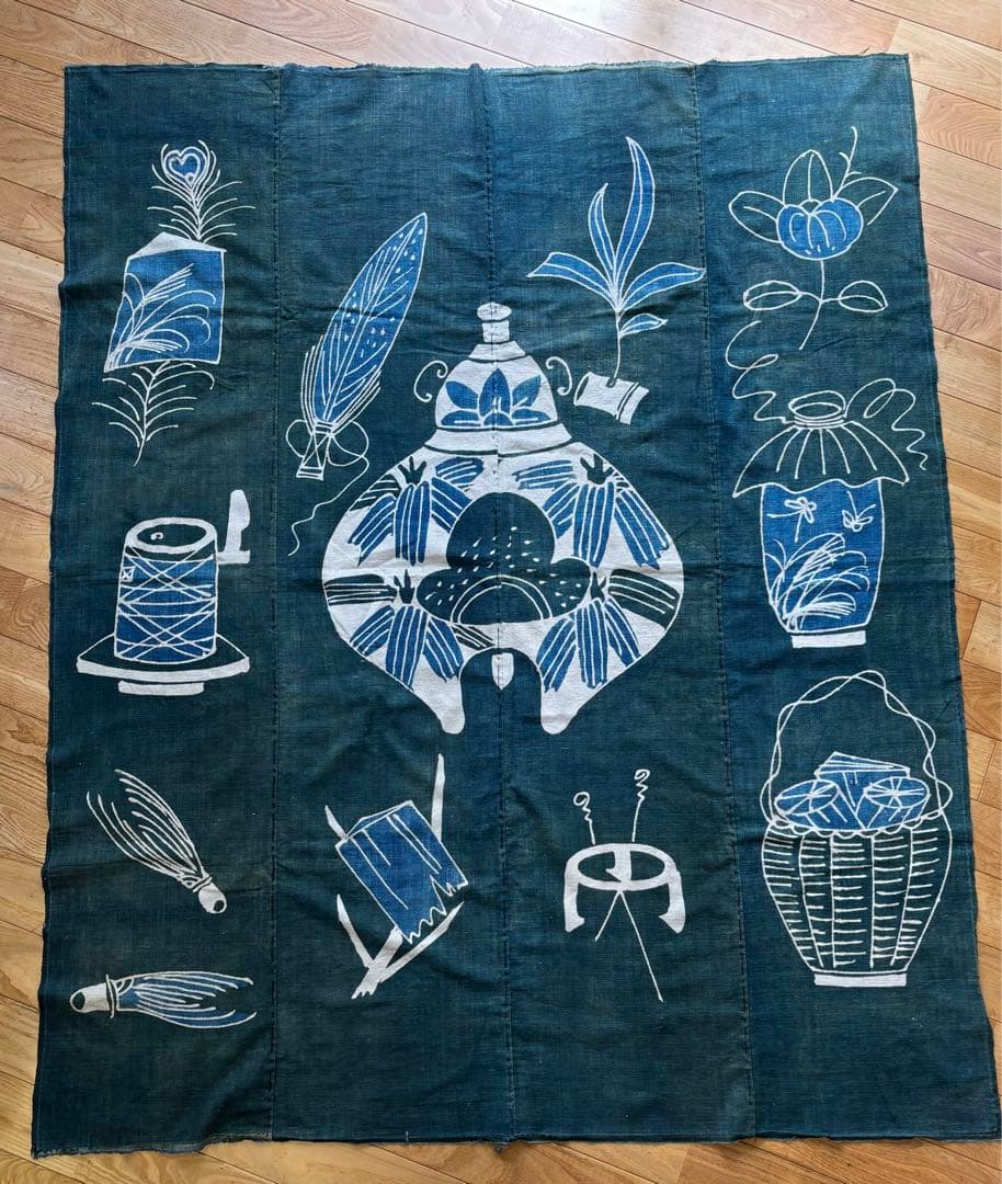 古布　茶道具の筒描　藍染　木綿　緑　木綿　型染め　襤褸　アンティーク