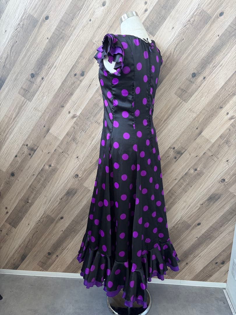 フラメンコ 衣装 フロッキー水玉模様 二重 大判フリル ワンピース ドレス