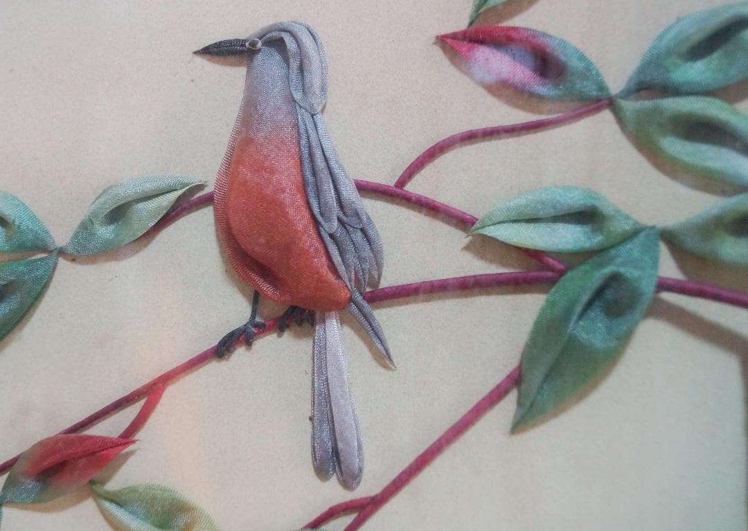 茶道具 二曲屏風 貼り絵『丹頂鶴花鳥図』 日本画 絵画 屏風★時代物★