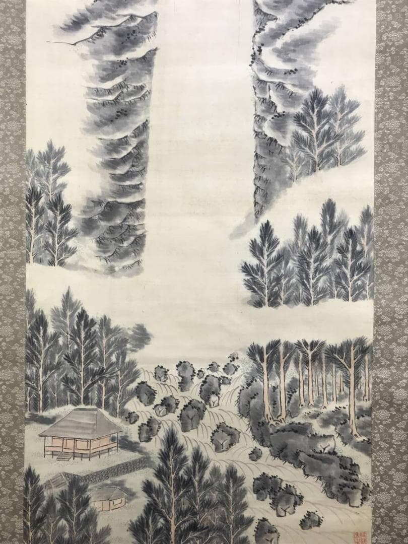 真作/嘯園/しょうえん/滝山水画賛/滝山水図/瀑布図/掛軸☆宝船☆AE-268