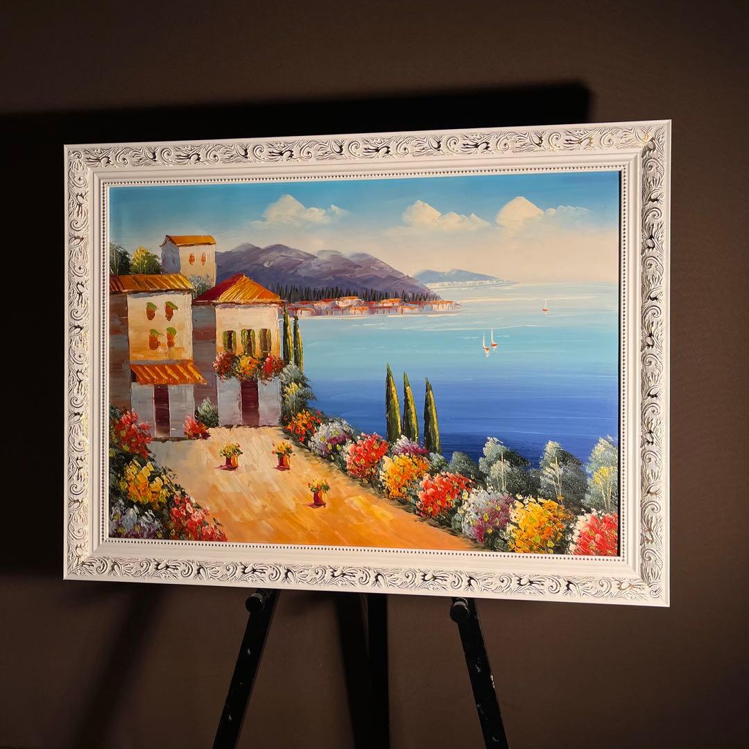 手書き油絵 地中海の風景 額付 肉筆絵画 インテリア 油彩画